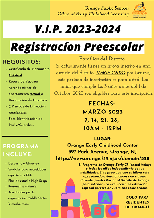 2023-2024 V.I.P. Preschool Registration Spanish Flyer